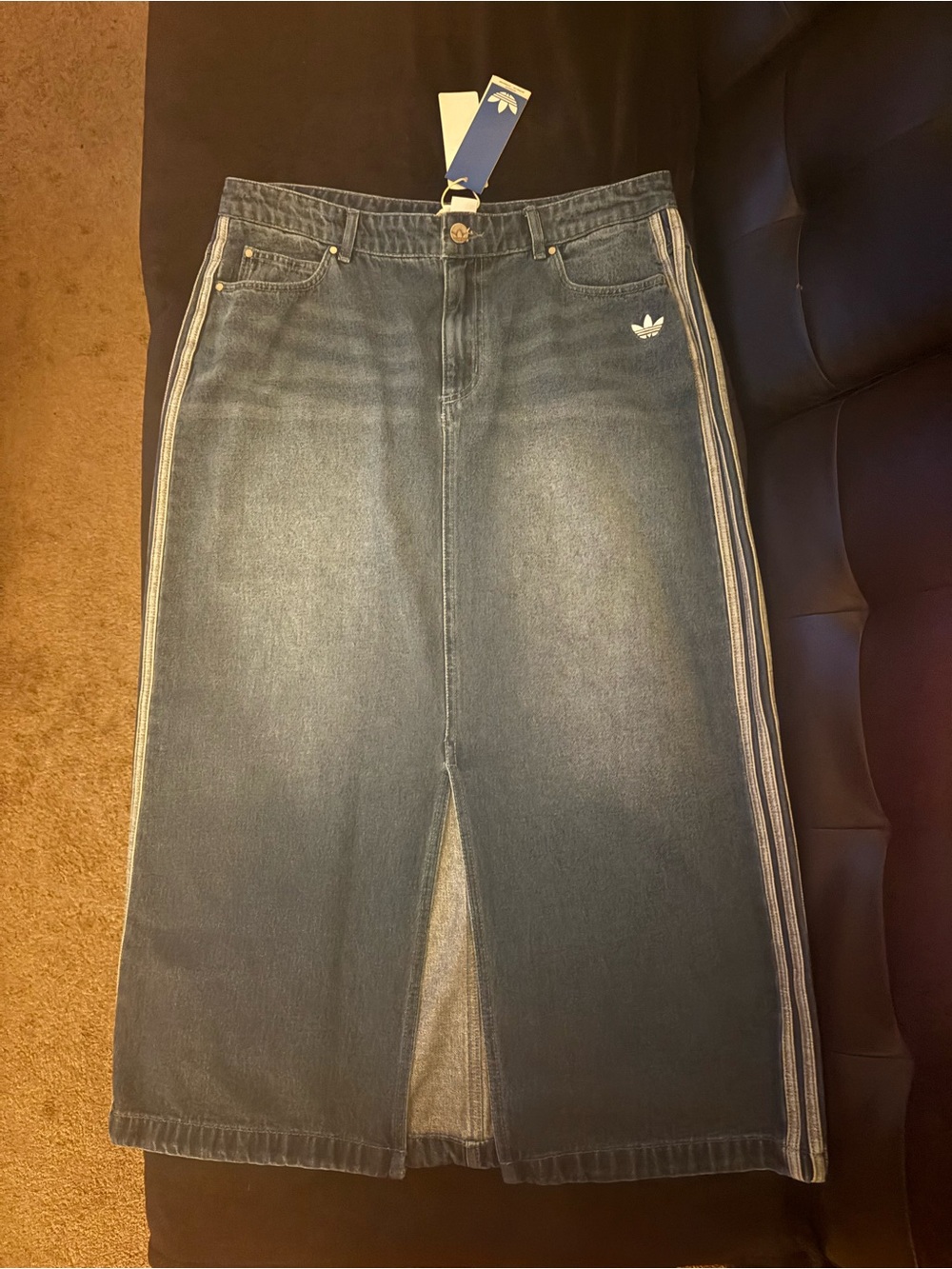 adidas Dark Blue Denim Midi Skirt with Side Stripes